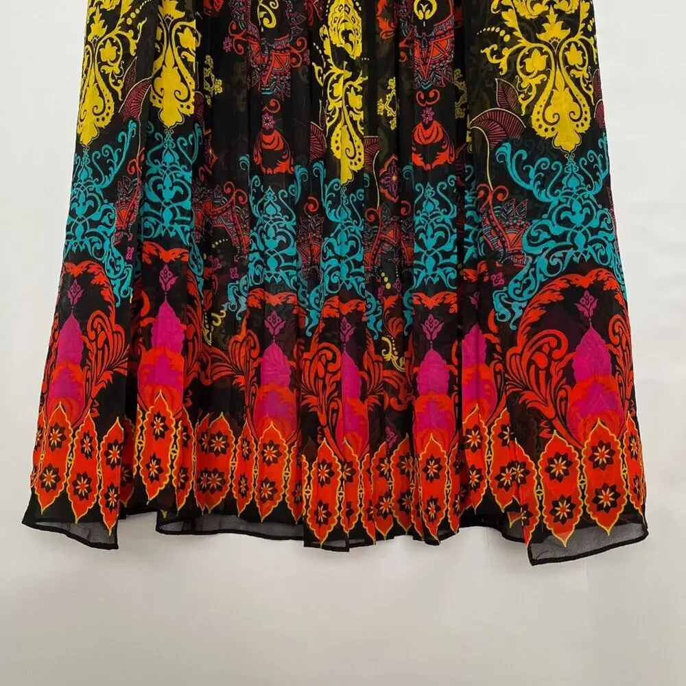 Bebe Maxi Skirt Pleated Chiffon Flowy Boho Colorful Bohemian Size 8 Black Multi